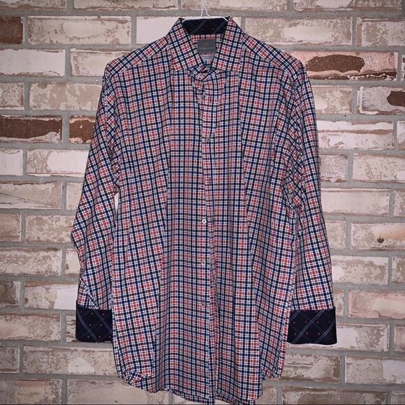 Large Thomas Dean Orange-Blue Plaid LS Shirt - Picture 3 of 5